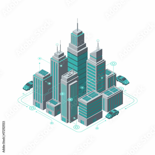 Futuristic skyline with floating vehicles, solar rooftops, and IoT nodes vector