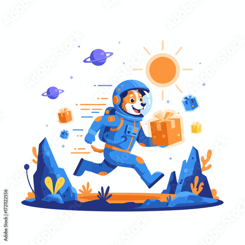 Dog Astronaut Delivering Glowing Packages Vector
