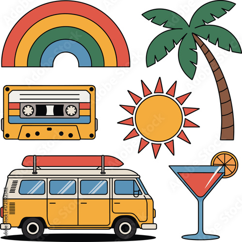 Retro summer vibes van life beach party and music elements