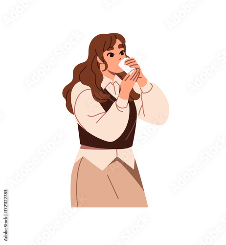 Thirsty young woman stays hydrated with refreshing beverage. Cute girl quenches thirst from paper cup. Person drinks iced water from glass. Flat isolated vector illustration on white background