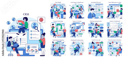 CRM Vector Illustration with Business Strategy Concepts