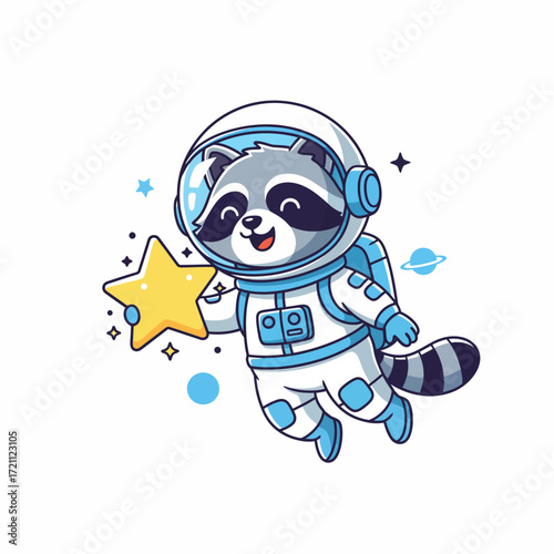 Cute cartoon raccoon astronaut with jetpack holding glowing star vector


