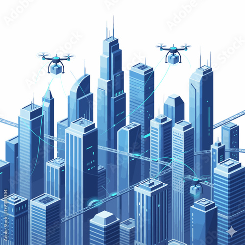 Vector of drones delivering packages in futuristic cityscape