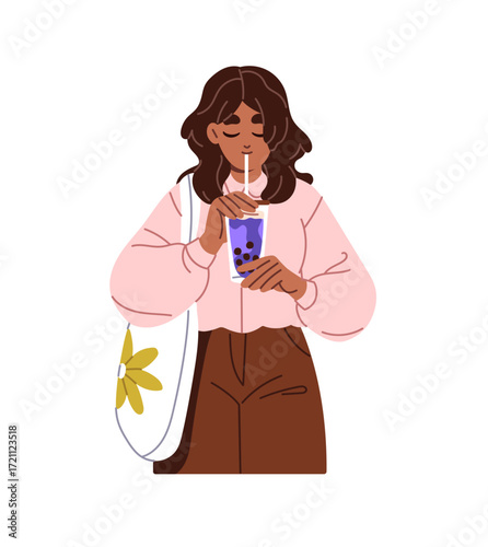Teen girl with canvas bag drinks bubble tea with straw. Black young woman quenches thirst with fresh juice. Person holds glass of refreshing beverage. Flat isolated vector illustration on white