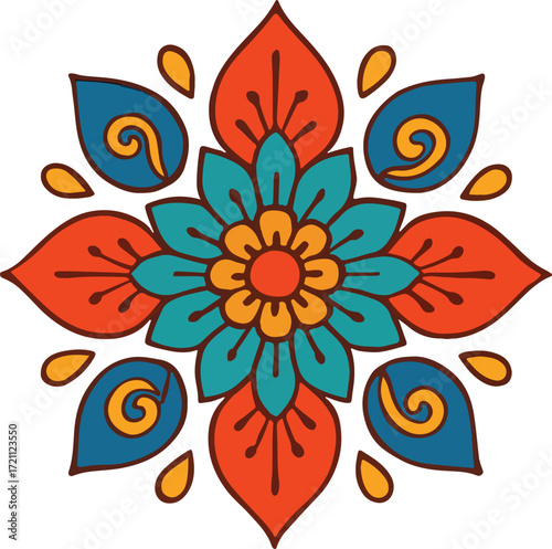 Colorful Mandala Floral Pattern Artwork With Orange, Teal, and Blue Petals for Wall Decor and Home