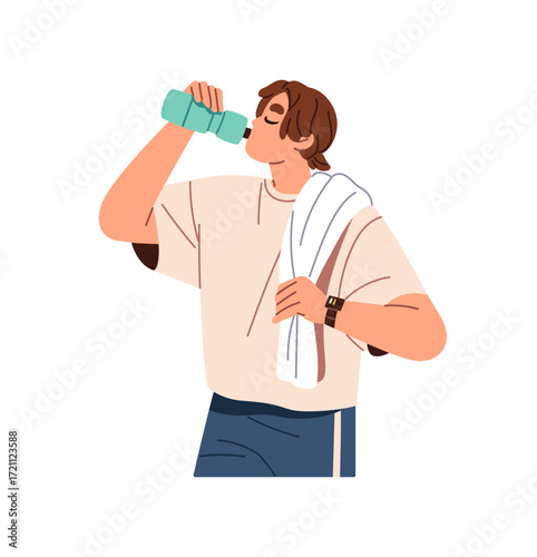 Thirsty athlete with towel on shoulder drinks water. Young man stays hydrated with refreshing beverage in plastic bottle. Boy quenches thirst at training. Flat isolated vector illustration on white