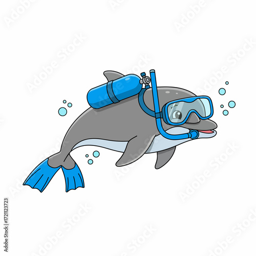 Dolphin with Scuba Mask and Oxygen Tank Vector Illustration