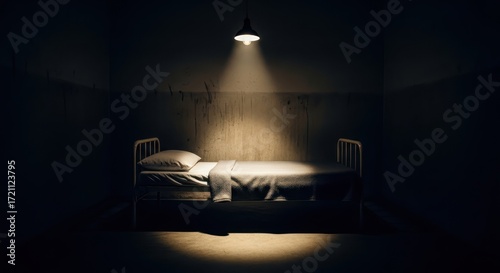 Solitary confinement: A desolate bed bathed in a single ray of stark overhead light