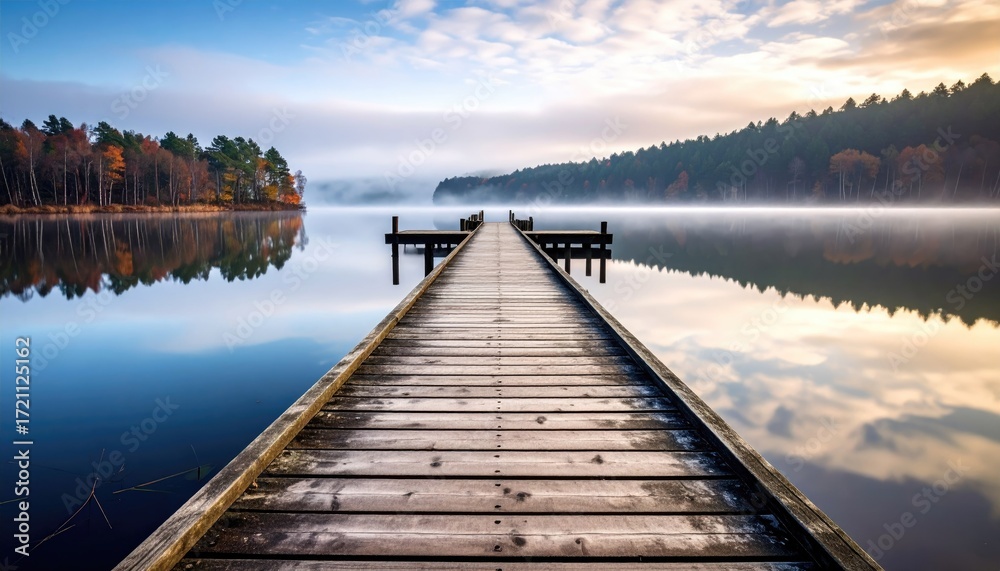 Fototapeta premium Misty dawn over still lake, wooden dock extending to the center