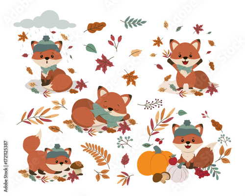 Adorable foxes engage in various autumn activities in this cheerful vector illustration. Surrounded by autumn leaves, pumpkins, and berries, the foxes display joy and playfulness.
