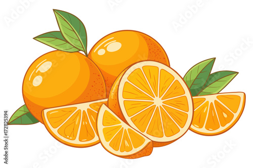 Colorful Whole and Sliced Oranges with Leaves - Vector Illustration