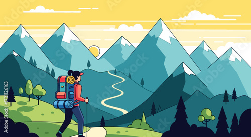 Illustration of a hiker walking on a mountain trail surrounded by majestic peaks and lush greenery under a sunny sky, representing outdoor adventure and nature exploration