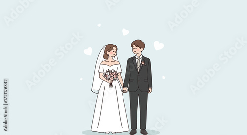 Romantic wedding couple holding hands and smiling, celebrating their special day with love and joy