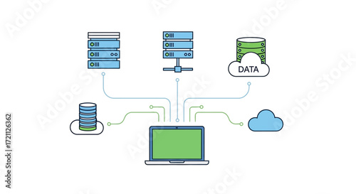 Conceptual illustration of a centralized data management system connecting to cloud storage, network servers, and databases