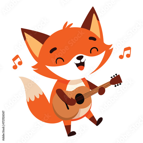 Cute cartoon fox playing guitar and singing with musical notes isolated on white background