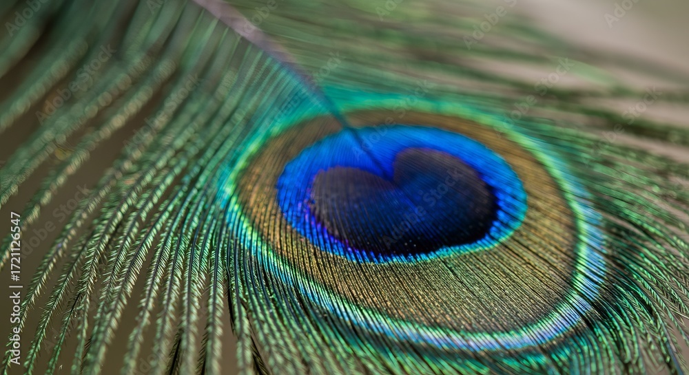 Obraz premium Vibrant peacock feather detail with iridescent blue eye and green hues