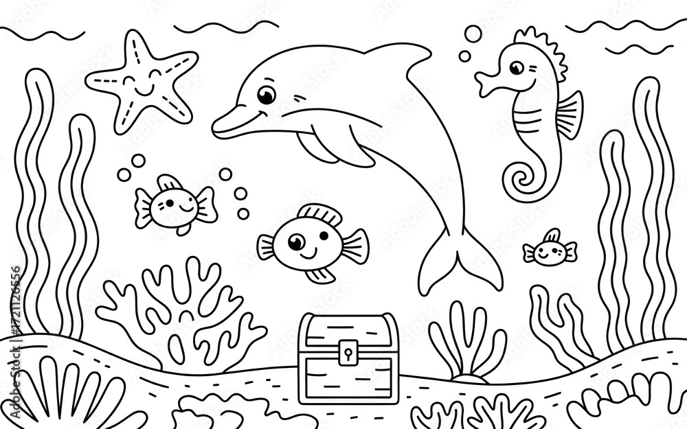 Fototapeta premium Cute cartoon underwater scene with a dolphin, starfish, seahorse, fish, coral, and treasure chest, perfect for coloring pages and childrens books