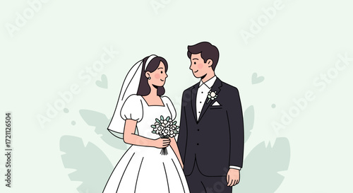 Illustration of a Newly Married Couple Embracing a New Beginning, Surrounded by Hearts and Delicate Floral Elements