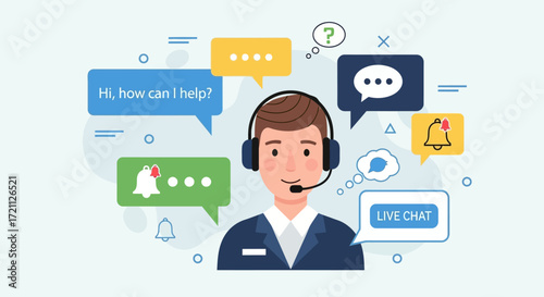 Customer Support Specialist Illustration Helping Hand with Live Chat and Assistance