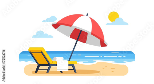 Embrace the Serene Summer Escape A Tranquil Beach Vacation Scene with a Striped Umbrella and Empty Lounge Chair Beside the Gently Lapping Ocean Waves, Inviting Relaxation and Idyllic Getaways
