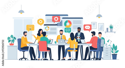 Diverse business professionals engaged in a dynamic meeting, collaborating on strategic planning and data analysis within a modern corporate environment for project development and growth