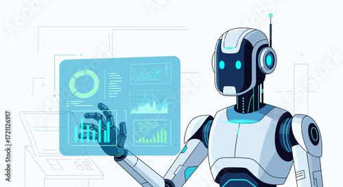 An intelligent android robot analyzing complex data on a futuristic holographic user interface. A conceptual illustration of artificial intelligence and business analytics