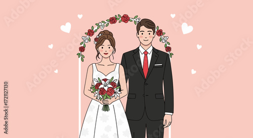 Romantic Wedding Illustration Bride and Groom Under Floral Arch