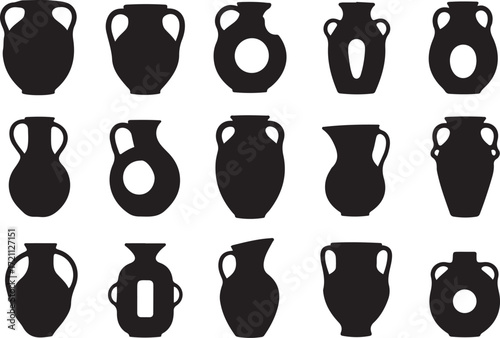 Collection of ancient pottery and vase silhouettes, black vector icons of jugs and amphorae