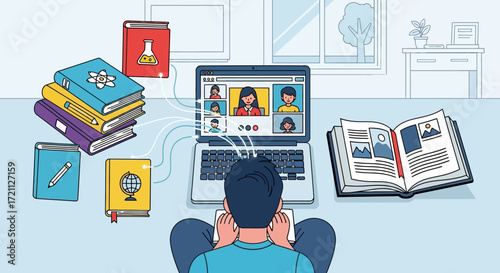 A student participates in a virtual classroom session from home, illustrating the concept of modern digital education and remote learning