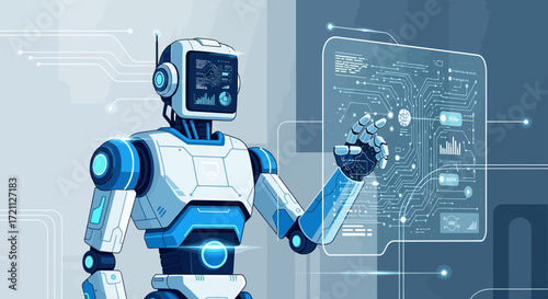 Advanced humanoid robot interacting with a virtual data interface for complex artificial intelligence analysis and development