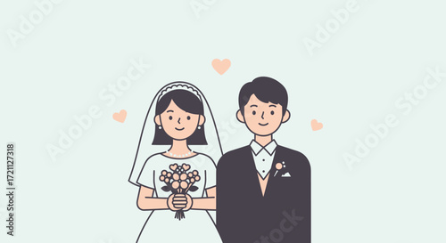 A Happy Bride and Groom Celebrating Their Wedding Day with Flowers and Hearts