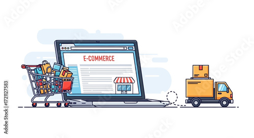 The concept of online shopping and e-commerce business, showing a laptop storefront, a cart full of goods, and a delivery truck for shipping