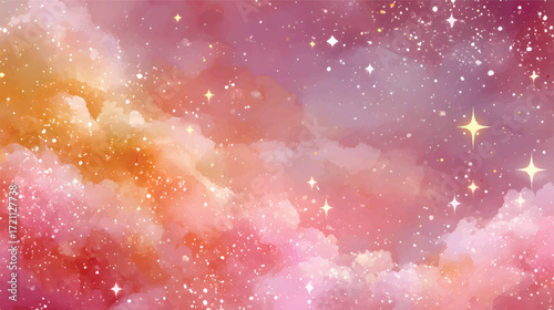 A dreamy cosmic background featuring soft pink and orange clouds with sparkling stars