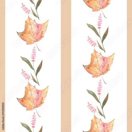 Seamless watercolor autumn leaves pattern. Perfect for textile, wrapping paper, wallpaper, fabric prints, and seasonal decoration. Hand-painted foliage in natural fall colors.