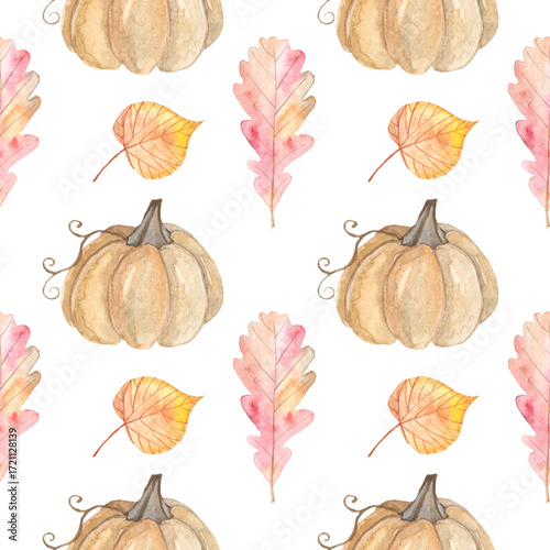 Seamless watercolor autumn pattern featuring pumpkins, colorful leaves, and marigold flowers. Perfect for textile prints, wrapping paper, wallpaper, and seasonal autumn decoration.