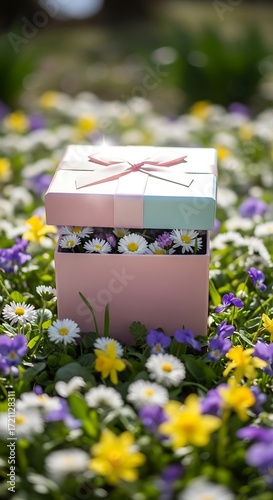 Gift Box Filled With Flowers in Garden.