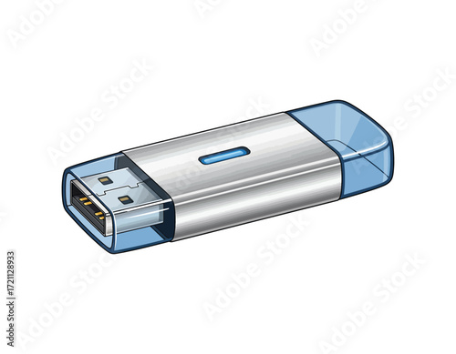 A sleek, modern, silver and blue USB flash drive illustration, perfect for technology, storage, and data transfer concepts