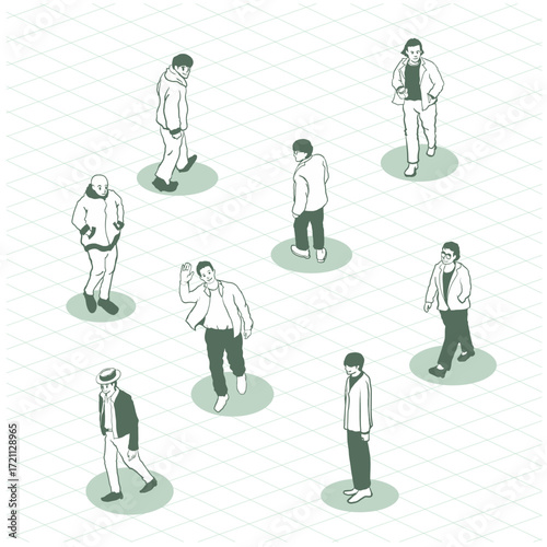 Man Doodle Isometric walking and standing in park