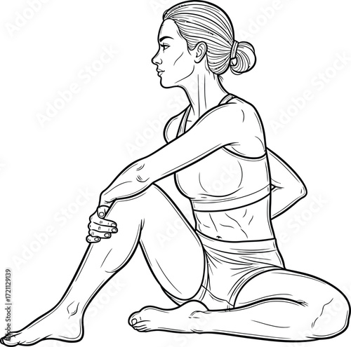 A black and white line art illustration of a woman in sportswear performing a seated spinal twist yoga pose.