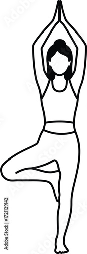 A simple line drawing of a person performing the Vrksasana yoga pose, also known as the Tree Pose.