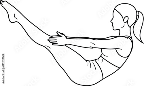 Woman performing a boat pose yoga exercise, legs extended, arms supporting the torso.