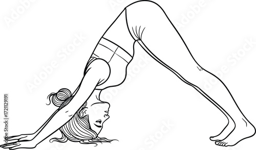 A black and white line art illustration of a woman in the downward-facing dog yoga pose, stretching her body.