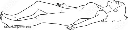 Woman lying supine, arms at sides, legs slightly apart.