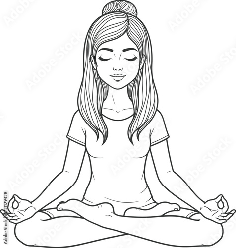 A serene young woman with closed eyes meditating in the lotus yoga pose, a black and white line art illustration.
