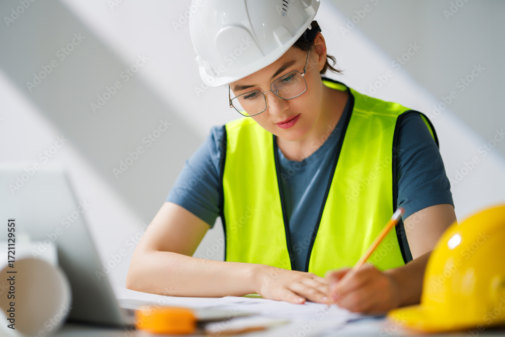 Fototapeta premium Woman architect is working on plans