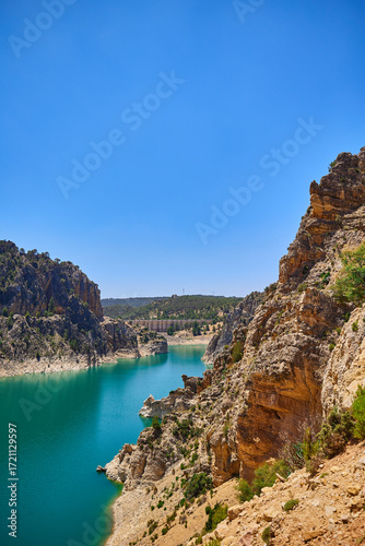 View from above of a reservoir with turquoise water