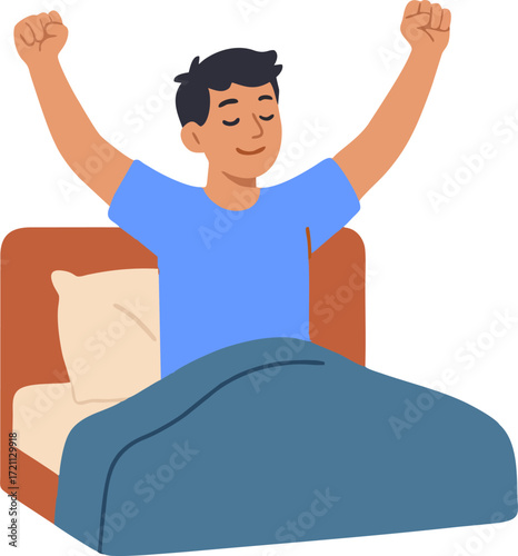 Young Man Waking Up at Morning in Good Mood. Awaken Happy Male Character Stretching Body Sitting on his Bed after Getting Up in Bedroom. Human Everyday Routine, Lifestyle. Cartoon Vector Illustration