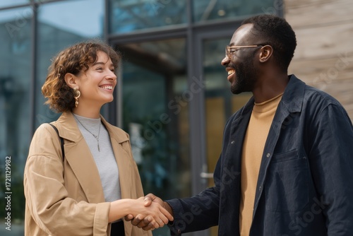 Business Meeting Between Diverse Professionals Urban Office Editorial Style Shot Friendly Environment Engaging Concept