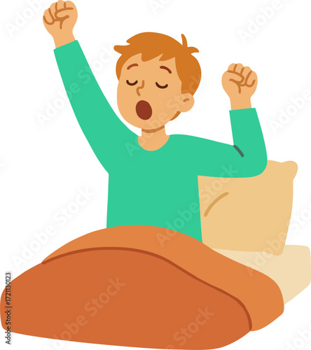 Young Man Waking Up at Morning in Good Mood. Awaken Happy Male Character Stretching Body Sitting on his Bed after Getting Up in Bedroom. Human Everyday Routine, Lifestyle. Cartoon Vector Illustration