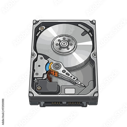 Detailed Vector Illustration of a Hard Disk Drive with Open Case Showing Internal Components and Technology